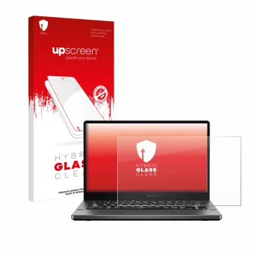 Parte frontale di una confezione del prodotto con il logo del marchio upscreen. Accanto è raffigurato il dispositivo ASUS ROG 