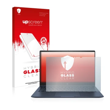 Parte frontale di una confezione del prodotto con il logo del marchio upscreen. Accanto è raffigurato il dispositivo HP Elite 