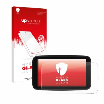 Parte frontale di una confezione del prodotto con il logo del marchio upscreen. Accanto è raffigurato il dispositivo TomTom GO