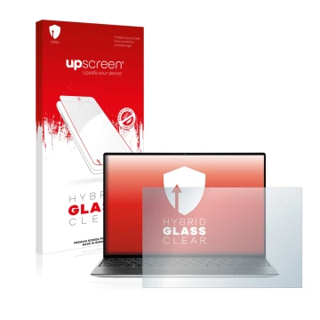 Parte frontale di una confezione del prodotto con il logo del marchio upscreen. Accanto è raffigurato il dispositivo Dell XPS 