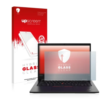 Parte frontale di una confezione del prodotto con il logo del marchio upscreen. Accanto è raffigurato il dispositivo Lenovo Th