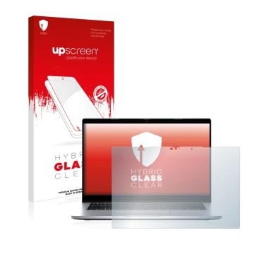 Parte frontale di una confezione del prodotto con il logo del marchio upscreen. Accanto è raffigurato il dispositivo Dell Lati