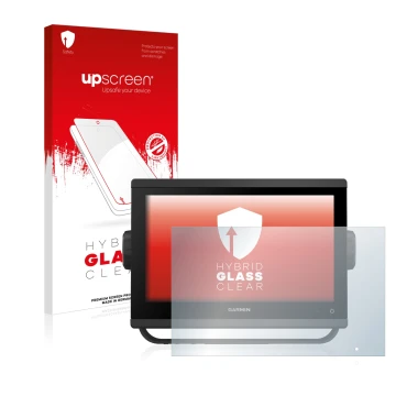 Parte frontale di una confezione del prodotto con il logo del marchio upscreen. Accanto è raffigurato il dispositivo Garmin GP