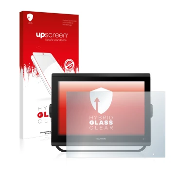 Parte frontale di una confezione del prodotto con il logo del marchio upscreen. Accanto è raffigurato il dispositivo Garmin GP