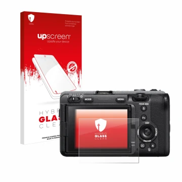 Parte frontale di una confezione del prodotto con il logo del marchio upscreen. Accanto è raffigurato il dispositivo Sony FX3 