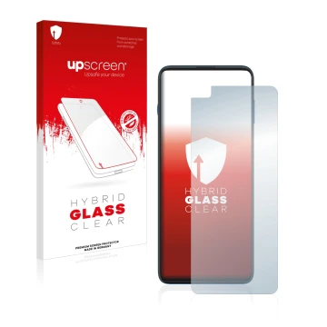 Parte frontale di una confezione del prodotto con il logo del marchio upscreen. Accanto è raffigurato il dispositivo Motorola 