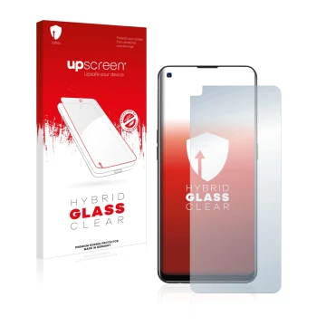 Parte frontale di una confezione del prodotto con il logo del marchio upscreen. Accanto è raffigurato il dispositivo Oppo F19 
