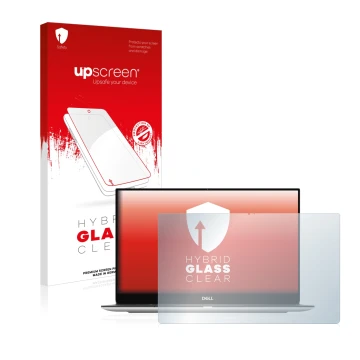 Parte frontale di una confezione del prodotto con il logo del marchio upscreen. Accanto è raffigurato il dispositivo Dell XPS 