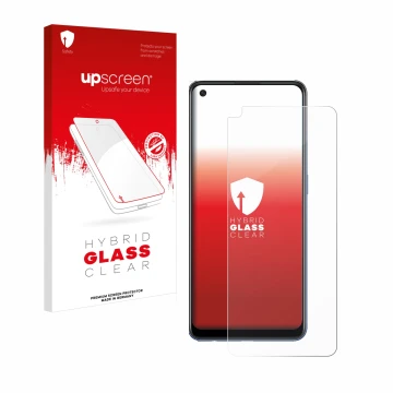 Parte frontale di una confezione del prodotto con il logo del marchio upscreen. Accanto è raffigurato il dispositivo Oppo A74 