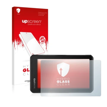 Parte frontale di una confezione del prodotto con il logo del marchio upscreen. Accanto è raffigurato il dispositivo Garmin Tr