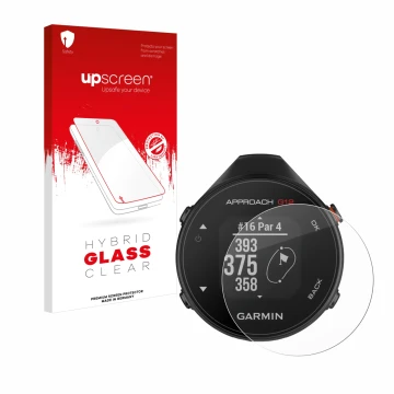 Parte frontale di una confezione del prodotto con il logo del marchio upscreen. Accanto è raffigurato il dispositivo Garmin Ap