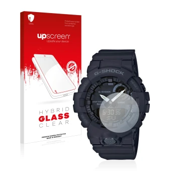 Parte frontale di una confezione del prodotto con il logo del marchio upscreen. Accanto è raffigurato il dispositivo Casio G-S