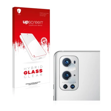 Parte frontale di una confezione del prodotto con il logo del marchio upscreen. Accanto è raffigurato il dispositivo OnePlus 9