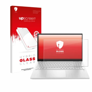 Parte frontale di una confezione del prodotto con il logo del marchio upscreen. Accanto è raffigurato il dispositivo HP Pavili