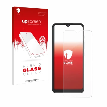 Parte frontale di una confezione del prodotto con il logo del marchio upscreen. Accanto è raffigurato il dispositivo Motorola 