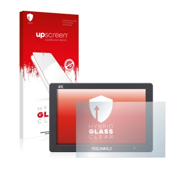 Parte frontale di una confezione del prodotto con il logo del marchio upscreen. Accanto è raffigurato il dispositivo Feelworld