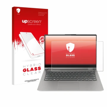 Parte frontale di una confezione del prodotto con il logo del marchio upscreen. Accanto è raffigurato il dispositivo Lenovo Th