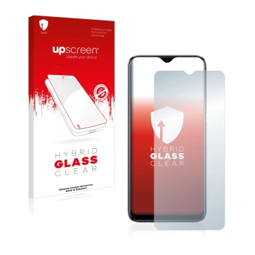 Parte frontale di una confezione del prodotto con il logo del marchio upscreen. Accanto è raffigurato il dispositivo realme C1