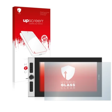 Parte frontale di una confezione del prodotto con il logo del marchio upscreen. Accanto è raffigurato il dispositivo XP-Pen In