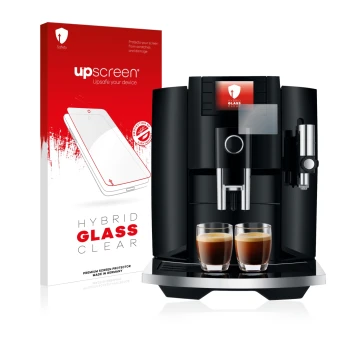 Parte frontale di una confezione del prodotto con il logo del marchio upscreen. Accanto è raffigurato il dispositivo Jura E8 (