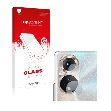 Parte frontale di una confezione del prodotto con il logo del marchio upscreen. Accanto è raffigurato il dispositivo Honor 50 