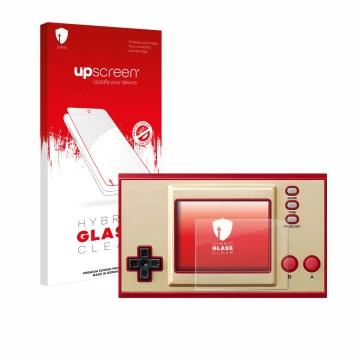 Parte frontale di una confezione del prodotto con il logo del marchio upscreen. Accanto è raffigurato il dispositivo Nintendo 
