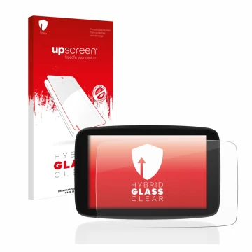 Parte frontale di una confezione del prodotto con il logo del marchio upscreen. Accanto è raffigurato il dispositivo TomTom Go