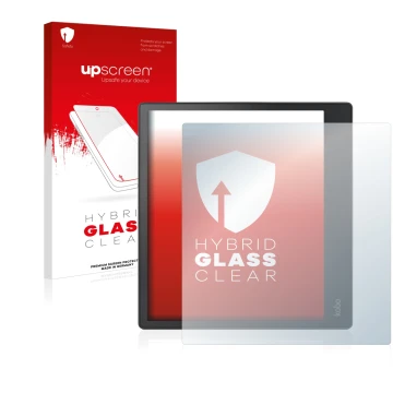 Parte frontale di una confezione del prodotto con il logo del marchio upscreen. Accanto è raffigurato il dispositivo Kobo Elip