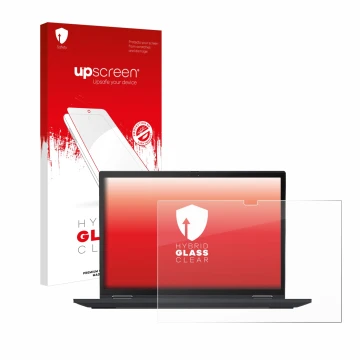 Parte frontale di una confezione del prodotto con il logo del marchio upscreen. Accanto è raffigurato il dispositivo Lenovo Th
