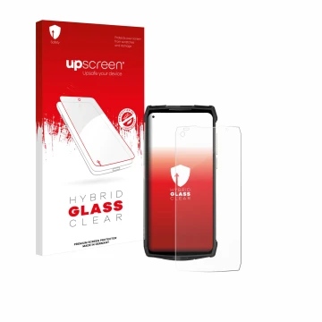 Parte frontale di una confezione del prodotto con il logo del marchio upscreen. Accanto è raffigurato il dispositivo Ulefone P