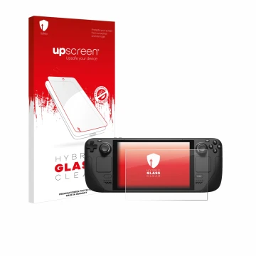 Parte frontale di una confezione del prodotto con il logo del marchio upscreen. Accanto è raffigurato il dispositivo Valve Ste