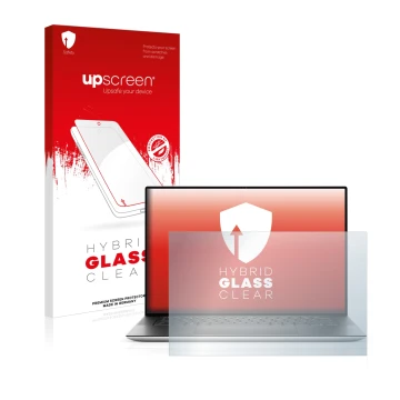 Parte frontale di una confezione del prodotto con il logo del marchio upscreen. Accanto è raffigurato il dispositivo Dell XPS 