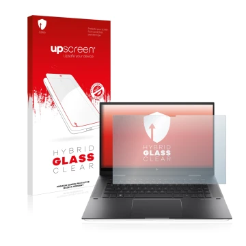 Parte frontale di una confezione del prodotto con il logo del marchio upscreen. Accanto è raffigurato il dispositivo HP Envy x