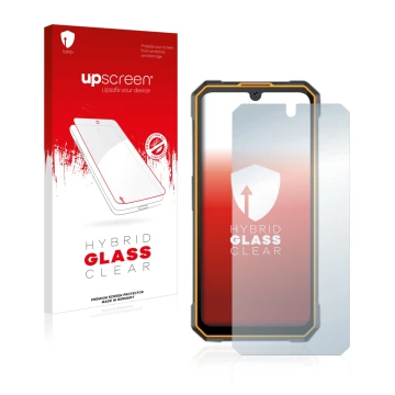 Parte frontale di una confezione del prodotto con il logo del marchio upscreen. Accanto è raffigurato il dispositivo Cubot Kin