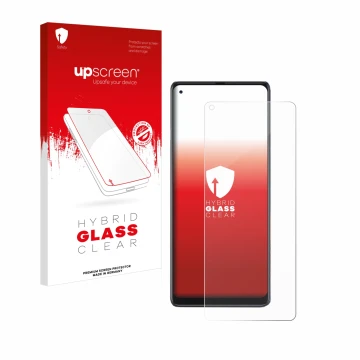 Parte frontale di una confezione del prodotto con il logo del marchio upscreen. Accanto è raffigurato il dispositivo Cubot Max