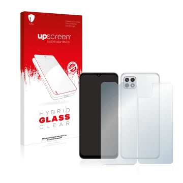 Parte frontale di una confezione del prodotto con il logo del marchio upscreen. Accanto è raffigurato il dispositivo Samsung G