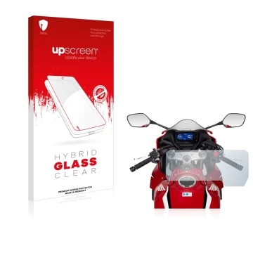 Parte frontale di una confezione del prodotto con il logo del marchio upscreen. Accanto è raffigurato il dispositivo Honda CBR