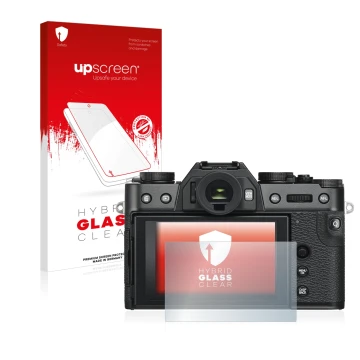 Parte frontale di una confezione del prodotto con il logo del marchio upscreen. Accanto è raffigurato il dispositivo Fujifilm 