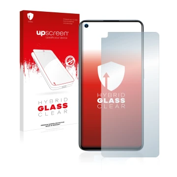 Parte frontale di una confezione del prodotto con il logo del marchio upscreen. Accanto è raffigurato il dispositivo realme GT