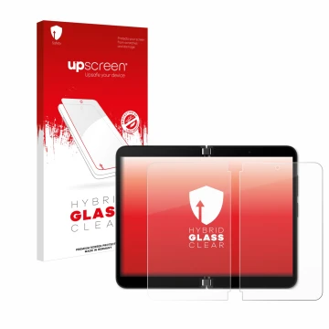 Parte frontale di una confezione del prodotto con il logo del marchio upscreen. Accanto è raffigurato il dispositivo Microsoft