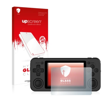 Parte frontale di una confezione del prodotto con il logo del marchio upscreen. Accanto è raffigurato il dispositivo Anbernic 