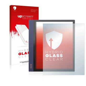 Parte frontale di una confezione del prodotto con il logo del marchio upscreen. Accanto è raffigurato il dispositivo Boox Note