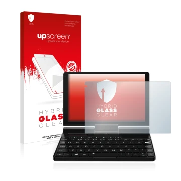 Parte frontale di una confezione del prodotto con il logo del marchio upscreen. Accanto è raffigurato il dispositivo GPD Pocke