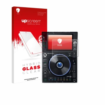 Parte frontale di una confezione del prodotto con il logo del marchio upscreen. Accanto è raffigurato il dispositivo Denon DJ 
