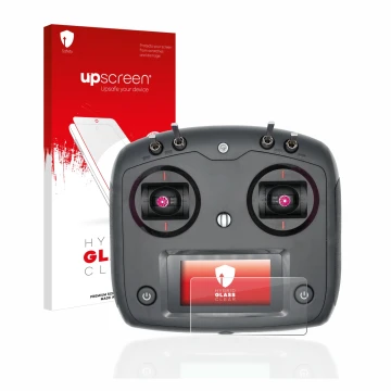 Parte frontale di una confezione del prodotto con il logo del marchio upscreen. Accanto è raffigurato il dispositivo FlySky FS