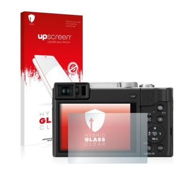 Parte frontale di una confezione del prodotto con il logo del marchio upscreen. Accanto è raffigurato il dispositivo Panasonic