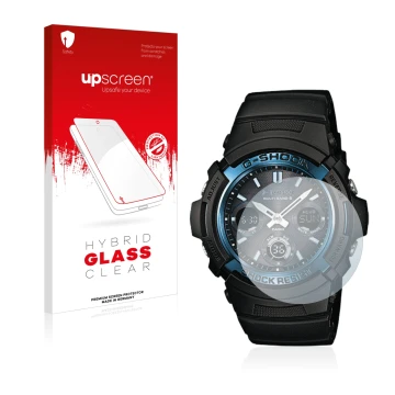 Parte frontale di una confezione del prodotto con il logo del marchio upscreen. Accanto è raffigurato il dispositivo Casio AWG