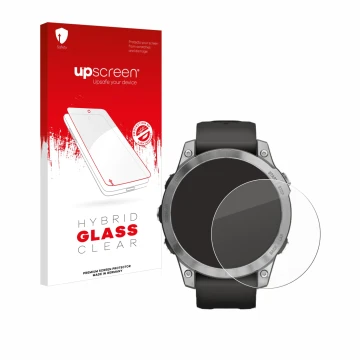 Parte frontale di una confezione del prodotto con il logo del marchio upscreen. Accanto è raffigurato il dispositivo Garmin Fe