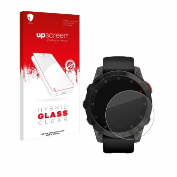 Parte frontale di una confezione del prodotto con il logo del marchio upscreen. Accanto è raffigurato il dispositivo Garmin ep