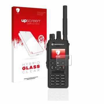 Parte frontale di una confezione del prodotto con il logo del marchio upscreen. Accanto è raffigurato il dispositivo Motorola 